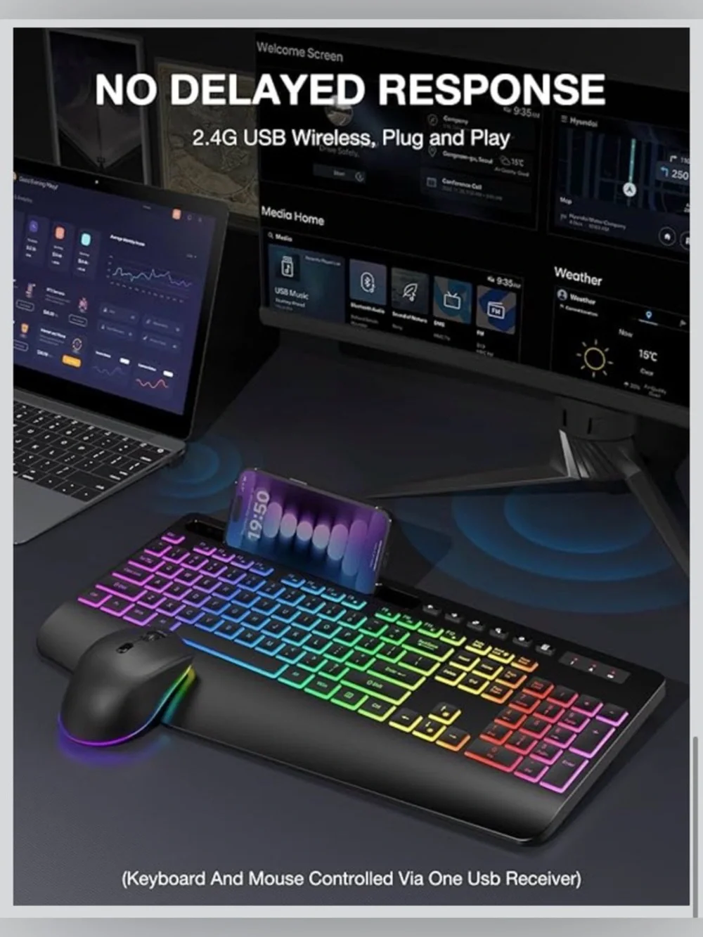 New Wireless Keyboard and Mouse Combo - 9 Backlit Effects, RGB, Phone Holder